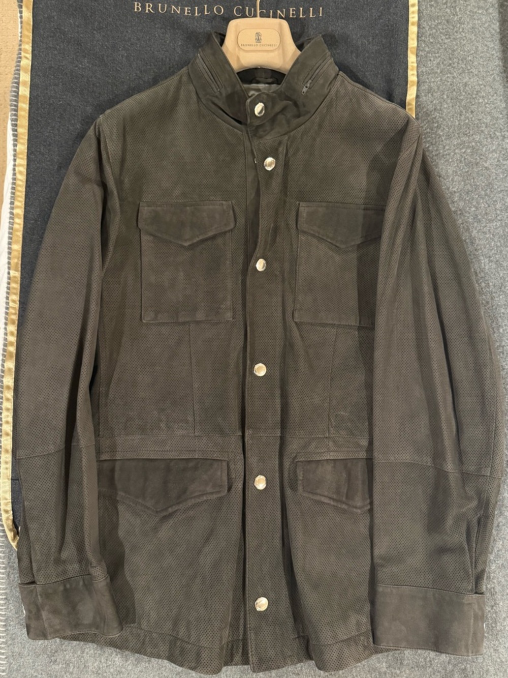 Brunello Cucinelli Olive Brown Suede Military Field Jacket